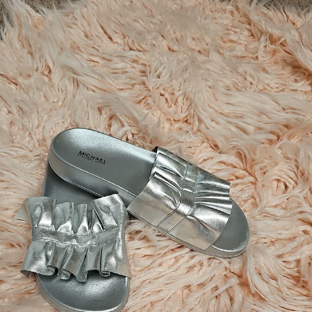 Michael Kors Metallic Silver Ruffle Slides